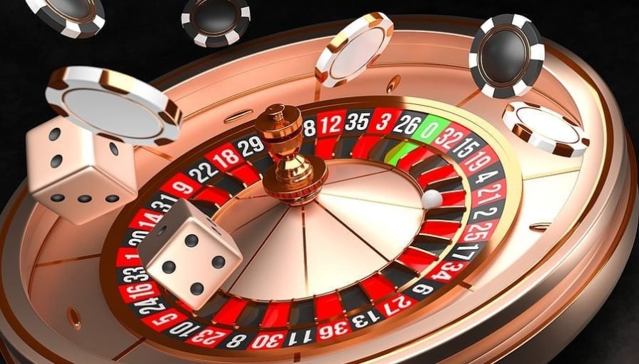 Casino background. Luxury Casino roulette wheel on black background. Casino theme. Close-up white casino roulette with a ball, chips and dice. Poker game table. 3d rendering illustration.
